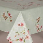 HOME-EXPRESSIONS ® Plain Light Green Tablecloth With White and Pink Blossom Flowers and Butterflies Wipe Clean Pvc Oilcloth Water Proof (200cm x 140cm Rectangle)