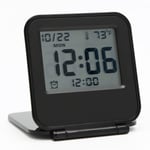 JCC Multifunction Mini Square Pocket Size Portable Folding Electronic Travel Digital Alarm Clock with Alarm clock, Calendar, Temperature, Backlight, Repeating Snooze - Battery Operated (Black)