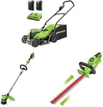Greenworks 2X24V 36 cm Brushless Mower,Trimmer,24V Cordless Hedge Trimmer Combo Kit Include 2X2Ah Battery and Dual Slot Charger