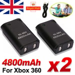 2x For Xbox 360 Wireless Controller Battery Charger Pack Rechargeable USB Cable