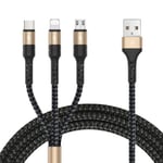 NÖRDIC Multiladdare kabel 1 till 3 USB A till Micro USB Non MFI Lightning och USB C 12m Max 3A