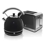 Swan, Retro Kitchen Kettle and Toaster Set, 1.8L Dome Kettle, 2 Slice Toaster, (Black)