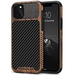 TENDLIN Coque iPhone 11 Pro Max Etui Hybride en Bois et Carbone et Cuir Compatible avec iPhone 11 Pro Max (Noir)