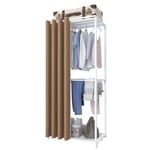 ACCSTORE 3-Tier Wardrobe Curtain Coat Rack Large Clothes Rack Rail Stand Garment Rack Storage Organiser for Bedroom with Hanging Rod,White Pole,Brown