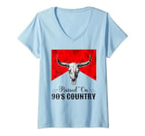 Womens Retro Raised On 90's Country Music Bull Skull Cowgirls Rodeo V-Neck T-Shirt