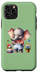 Coque pour iPhone 11 Pro Bébé éléphant vert en tenue, fleurs et papillons