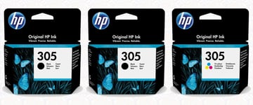 2x HP Original 305 Black & 1x Colour Ink Cartridge For ENVY 6420e Printer