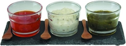 3 pc Glass Dip Condiment Serving Bowls with Bamboo Spoons & Slate Stand