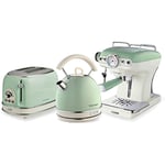Ariete Retro Dome 1.7L Kettle, 2 Slice Toaster and Espresso Machine Set Green