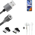 Magnetic charging cable + earphones for Motorola Moto E32s + USB type C a. Micro