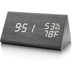 Xinuy - Réveil numérique, horloge de table avec led de nuit, date, horloge à commande vocale, horloge numérique en bois, température interne, 3