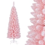 COSTWAY Rosa konstgjord julgran 150 cm, snöflockad julgran, 328 grenar, hopfällbart metallställ, pennform Rosa