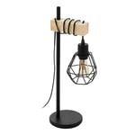 Eglo Lampe de table Townshend 5, lampe de chevet style industriel et rétro, luminaire à poser en acier noir et bois, avec interrupteur, certifié FSC, douille E27