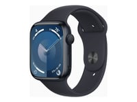 Apple Watch Series 9 (GPS) - 45 mm - midnattsaluminium - smart klocka med sportarmband - fluoroelastomer - midnatt - bandstorlek: S/M - 64 GB - Wi-Fi