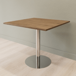 Cafébord kvadratiskt med runt pelarstativ, Storlek 60 x 60 cm, Bordsskiva Valnöt, Stativ Polerat rostfritt