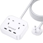 LENCENT Mini Extension Lead with 3 USB Port, 2 Way Outlets Power Strip with 3 USB Slots, Multi Plug Power Extension with 1.8M Braided Extension cord for Home Office Travel (13A 3250W)