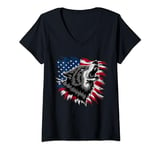 Womens Wolf 4th of July American Flag Howling Wolves Under Moon Men V-Neck T-Shirt