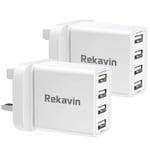 2 Pack USB Plug Charger,Rekavin 4 Port Multi USB Plug Adapter UK 25W/5A Wall Charger Mains with Smart IC Fast Charging for iPhone 11 pro Max XS XR X SE2020 10 8 7 6 ipad,Samsung S10 S9 S8 S7,Huawei