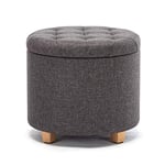 HNNHome Ottoman Rond en Lin avec Coffre de Rangement, Pouf, Tabouret, avec siège/Couvercle rembourré Amovible, pour Salon, Coiffeuse, Chambre, Entrée - 45 cm de diamètre - Gris Charbon