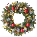 Julkrans för dörrdekoration Dekoration med Tallkottar Bär Snöflingor (30CM, 20 LED-lampor)