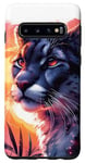 Coque pour Galaxy S10 Cougar noir cool coucher de soleil lion de montagne puma animal anime art