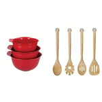 Bundle of KitchenAid 3pc Nesting Mixing Bowl Set - Empire Red + KitchenAid 4pc Birchwood Tool Set