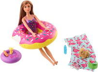 Barbie FXG38 Outdoor Furniture Set with Donut Floatie (Really Floats), Water-Squirting Puppy Toy and 8 Themed Accessories