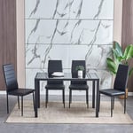 Huisen Furniture Black Glass Dining Table and Chairs Set of 4 for Small Kitchen Dinette 5 Piece Contemporary Tempered Glass Rectangular Table and 4 Black Faux Leather Chairs for Space Saving