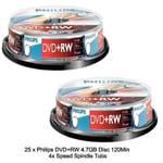 25 Philips DVD+RW 4.7GB Disc 120Min 4x Speed Spindle Tub Rewritable Blank Discs