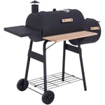 Barbecue à charbon fumoir bbq grill smoker sur pied avec couvercle, roulettes, thermomètre, étagères acier laminé à froid noir - Noir
