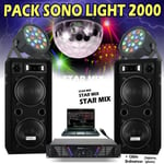 IBIZA SOUND PACK SONO 2000 + 3 JEUX DE LUMIERE - 2 ENCEINTES 1000 1 AMPLI CABLE PROJECTEURS PARLED181 DMX ASTRO BALL PA DJ