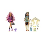 Monster High Doll, Clawdeen Wolf with Accessories and Pet Dog, Posable Fashion Doll, HHK52 & Doll, Cleo De Nile with Accessories and Pet Dog, Posable Fashion Doll, HHK54
