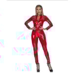 Röd Wetlook Faux Läder Långärmad PVC Catsuit Framficka Öppen Gren Stretch Clubwear Overalls Erotisk Jumpsuit 5XL