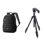 Lowepro LP36892-PWW Tahoe 150 Backpack for Camera, Black & Manfrotto MKCOMPACTACN-BK, Compact Action Aluminium Tripod with Hybrid Head, for Entry-Level, DSLR Camera, Black
