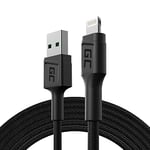 Green Cell Câble USB-A - Lightning 2m Chargeur Cable noir compatible pour Apple iPhone 14 13 12 11 SE Pro Max X XR XS Max 8 7 Plus 6 6S 5 5C Plus | iPad Air/Pro/Mini | iPod