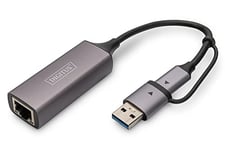 DIGITUS Adaptateur réseau USB Type-C Gigabit Ethernet - 2.5 Gibt/s - USB 3.1 - Adaptateur USB-A Inclus - Full-Duplex - Auto MDI-X - Connecteur RJ45 - Gris