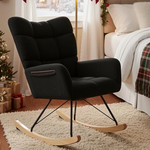 Rocking Chair Scandinave En Tissu Effet Velours Terre Brûlée Et Bois Clair Massif DERRY