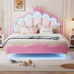 Barnsäng 140x200cm med LED - Prinsessäng med kuddar i läderimitation - Rosa