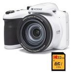 KODAK Pixpro Astro Zoom AZ405 Digital Bridge Pack + KODAK Ultra High Speed U1 32GB SDHC Card - 20 Megapixel Camera, X40 Zoom, Wide Angle, LCD, Full HD 1080p Video, OIS, AA Battery - White