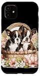 iPhone 11 Boston Terrier Puppies in Floral Wicker Basket Case
