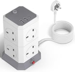 Tower Extension Lead, 8 Way Outlets Surge Protected Extension Tower with 3 USB