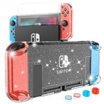 HEYSTOP Case Compatible with Nintendo Switch Dockable, Protective PC Cover Compatible with Nintendo Switch and Joy Con Controller with a Switch Screen Protector and 4 Thumb Stick Caps (Clear Glitter)