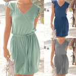 Fashion Women Summer Dress Ruffle Short Sleeve Blue S