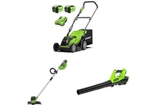 Greenworks 40V 35cm mower, trimmer, blower, grass collecting bag with 2x2Ah Battery/charger