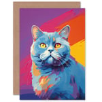 British Shorthair Cat Lover Gift Pet Portrait Purple Orange Blue Artwork Painting Sealed Greeting Card Plus Envelope Blank inside