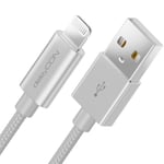 deleyCON 2m (6.56 ft.) Lightning 8 Pin USB Charging Cable Apple MFI for iPhone 12 Pro Max 12 Pro 12 Mini 11 Pro 11 Pro Max 11 SE 2. Gen. XR XS Max XS X Metal Plugs & Nylon Cable - Silver