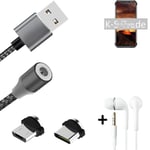 Magnetic charging cable + earphones for Huawei Y6 (2018) + USB type C a. Micro-U