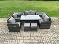Wicker PE Rattan Furniture Garden Dining Set Outdoor Height Adjustable Rising lifting Table Love Sofa Chair