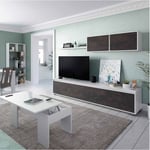 Meuble tv de salon avec quatre portes, avec élément mural et étagère, marron foncé et blanc brillant, dimensions du meuble tv 200 x 43 x 41 cm