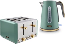 Green Kettle Toaster Set 4 Slice  1.7L 3kW Jug Tower Cavaletto Jade  Gold